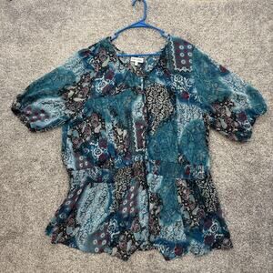 Fashion Bug Blouse Womens 22/24 Blue Floral Paisley Boho Button Shirt Top Plus